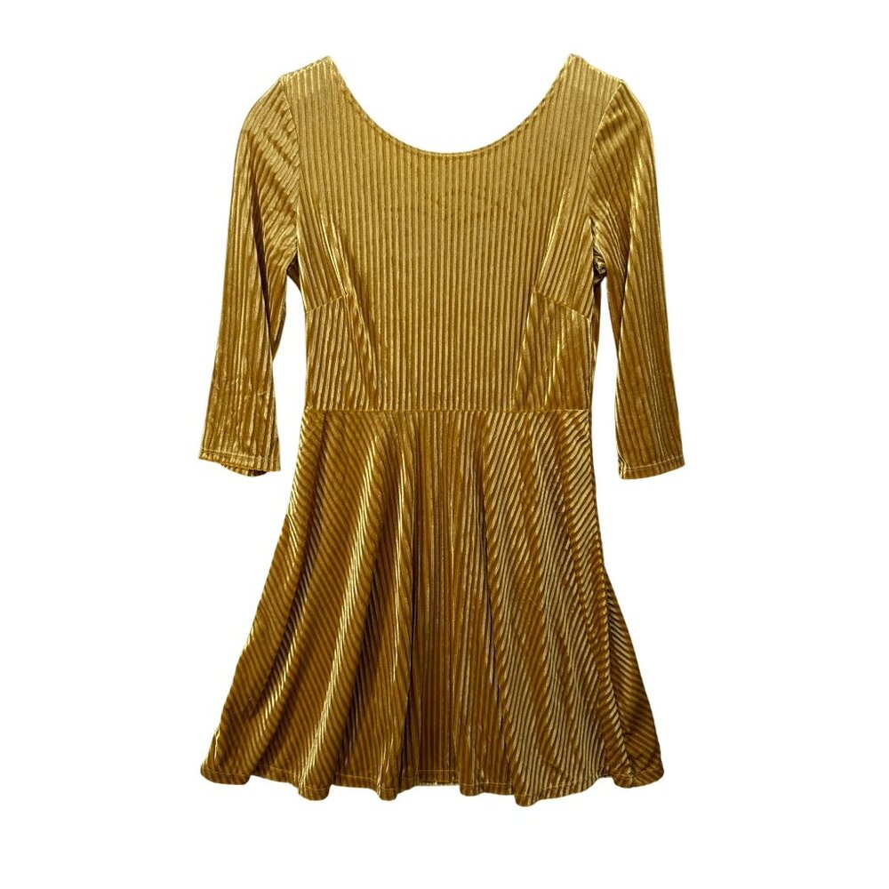 Blooms in the City Dress Sz L Gold Stretch Knit Velvet Flirty Retro Made in USA